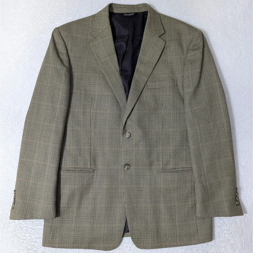 JoS A Bank Travelers Blazer Men 43R‎ 100% Wool Houndstooth Brown Sports Coat